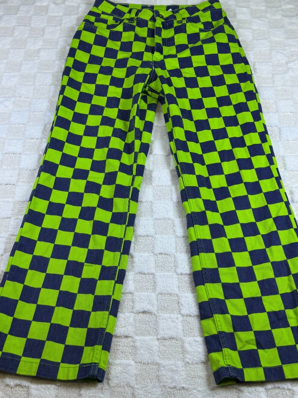 Ragged Jeans Checkered Pants Womens 26 Lime Green Navy Blue Straight Denim